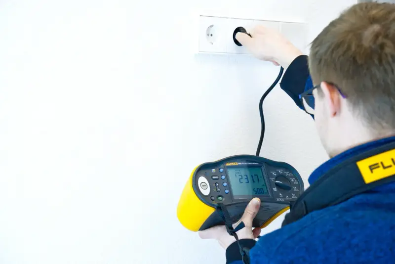 Elektriker führt eine VDE-Prüfung an einer Wandsteckdose durch